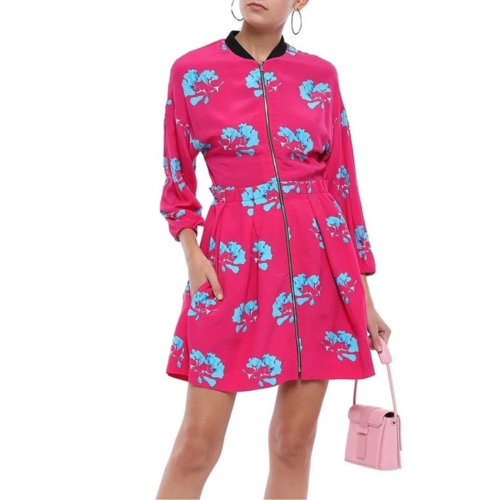 MAJE Pink Crepe Floral Zip Front 3/4 Sleeve A-Line Pleated Dress
